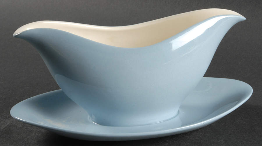 Summer Sky Blue and White (Barlaston Shape) Gravy Boat with Attached Underplate by Wedgwood-1