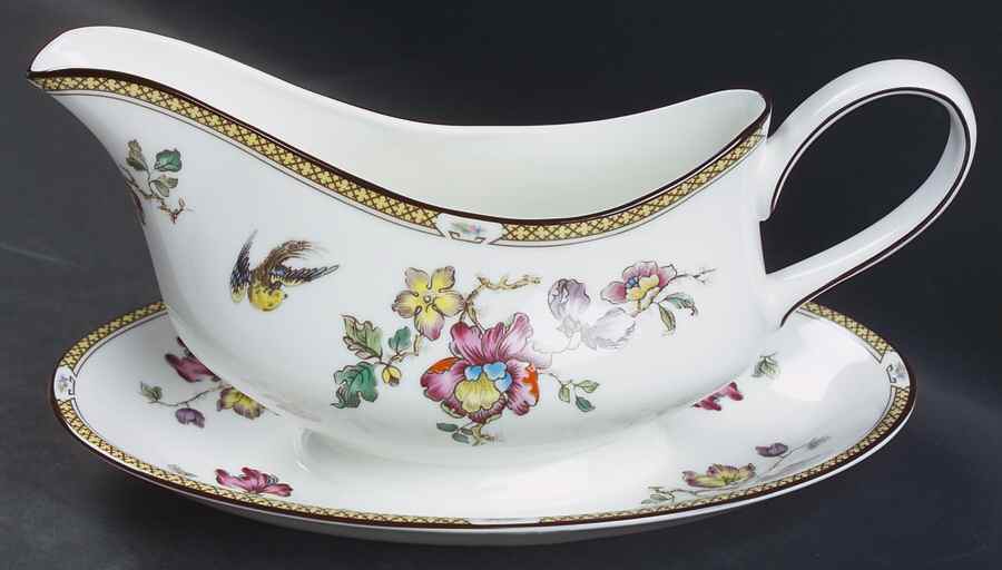 Swallow (Yellow Brown Trim) Gravy Boat with Attached Underplate by Wedgwood-1