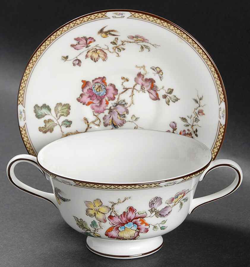 Swallow (Yellow Brown Trim) Footed Cream Soup Bowl & Saucer Set by Wedgwood-1