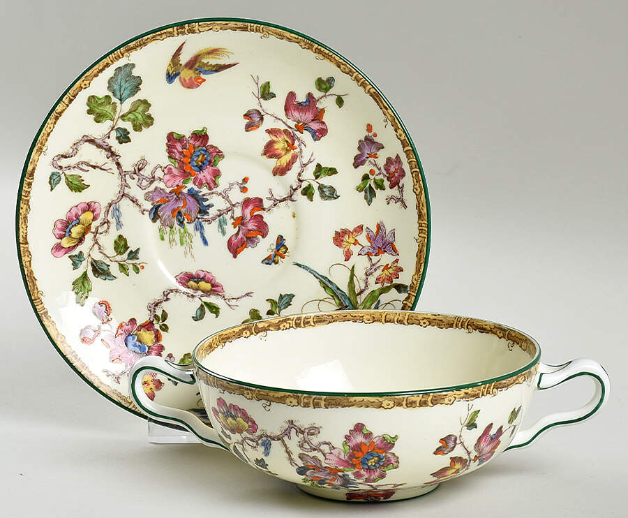 Swallow (Green Trim) Flat Cream Soup Bowl & Saucer Set by Wedgwood-1