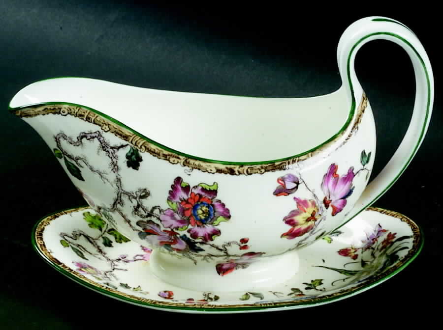 Swallow (Green Trim) Gravy Boat with Attached Underplate by Wedgwood-1