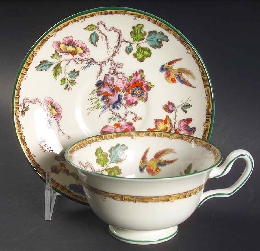 Swallow (Green Trim) Footed Cup & Saucer Set by Wedgwood-1