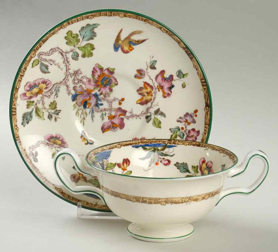 Swallow (Green Trim) Footed Cream Soup Bowl & Saucer Set by Wedgwood-1