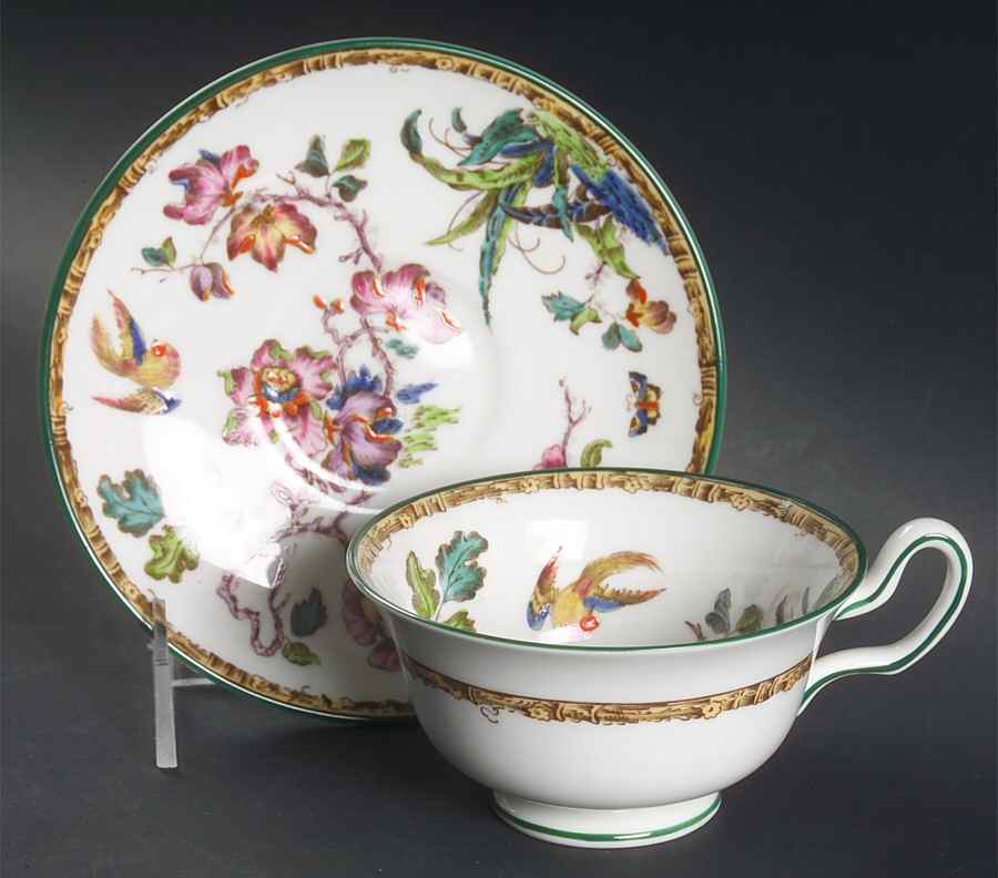 Swallow (Green Trim) Footed Cup & Saucer Set by Wedgwood-1