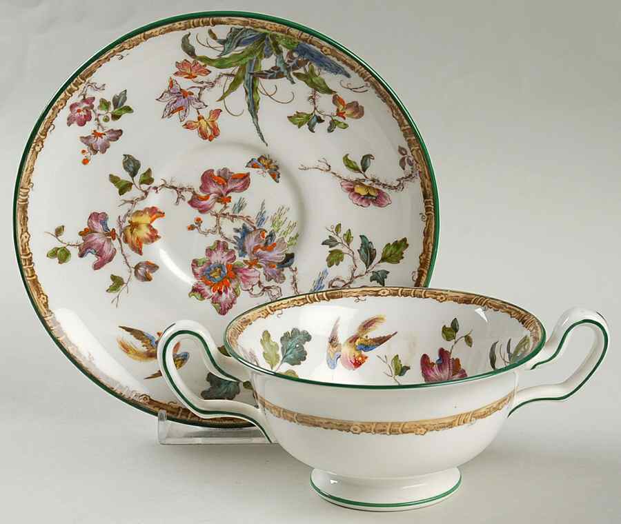 Swallow (Green Trim) Footed Cream Soup Bowl & Saucer Set by Wedgwood-1