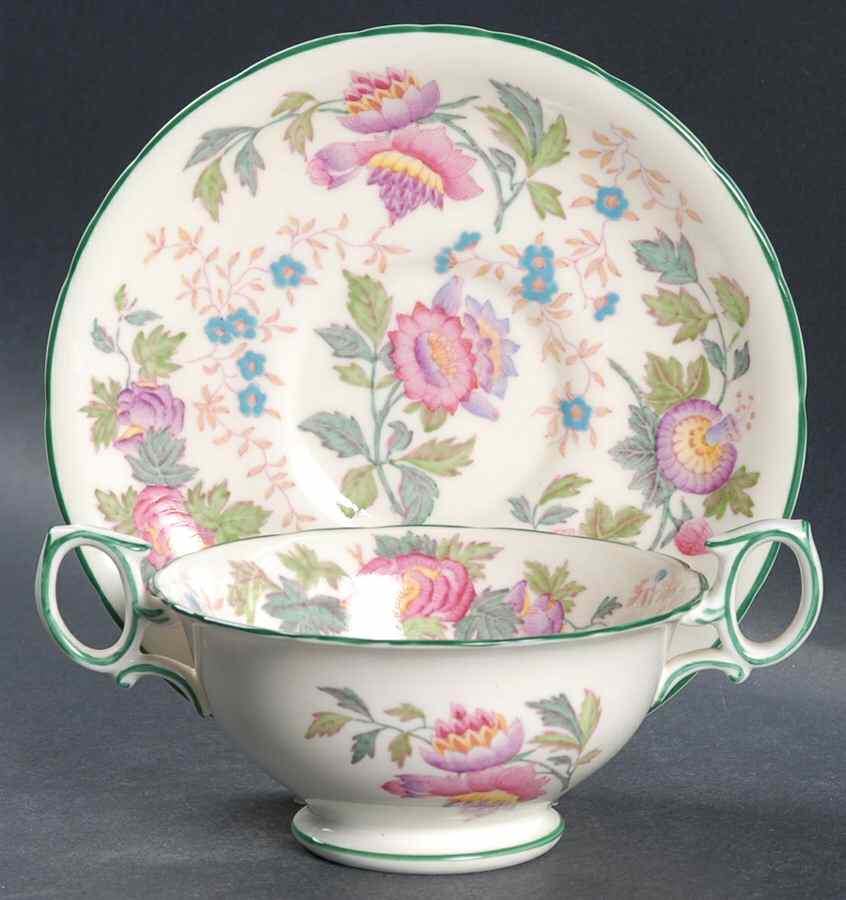 Tonquin Ivory Multicolor (Scalloped) Footed Cream Soup Bowl & Saucer Set by Wedgwood-1