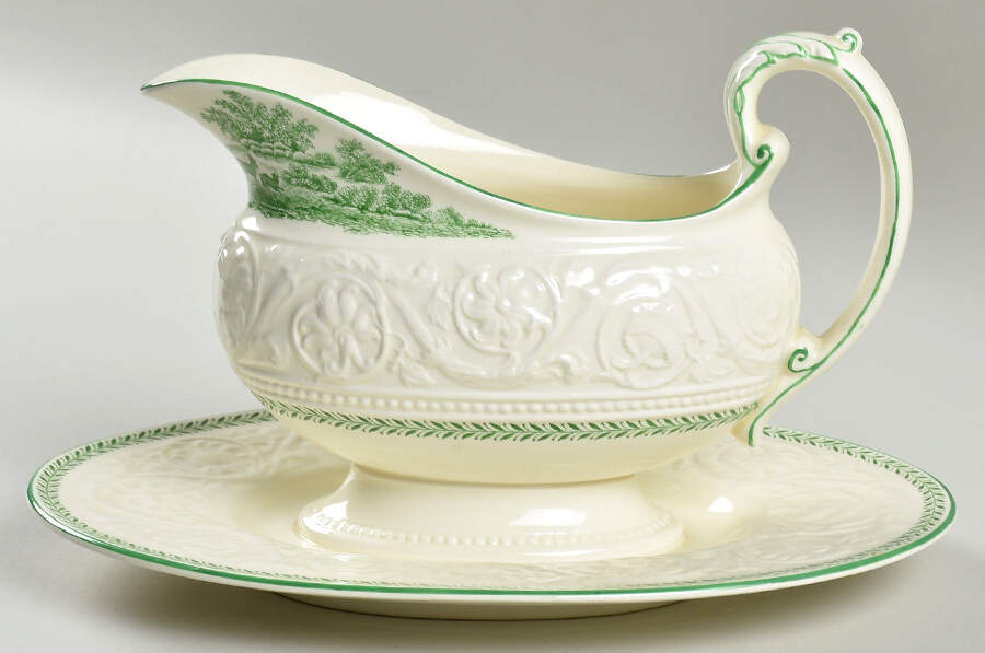 Torbay Green Gravy Boat with Attached Underplate by Wedgwood-1