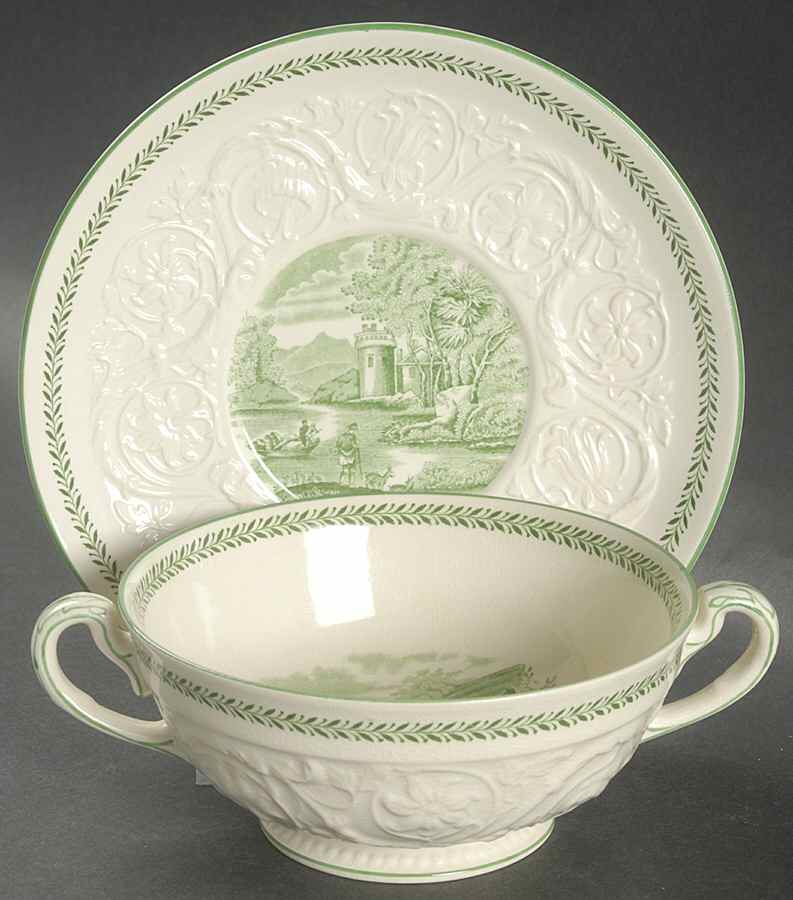 Torbay Green Footed Cream Soup Bowl & Saucer Set by Wedgwood-1