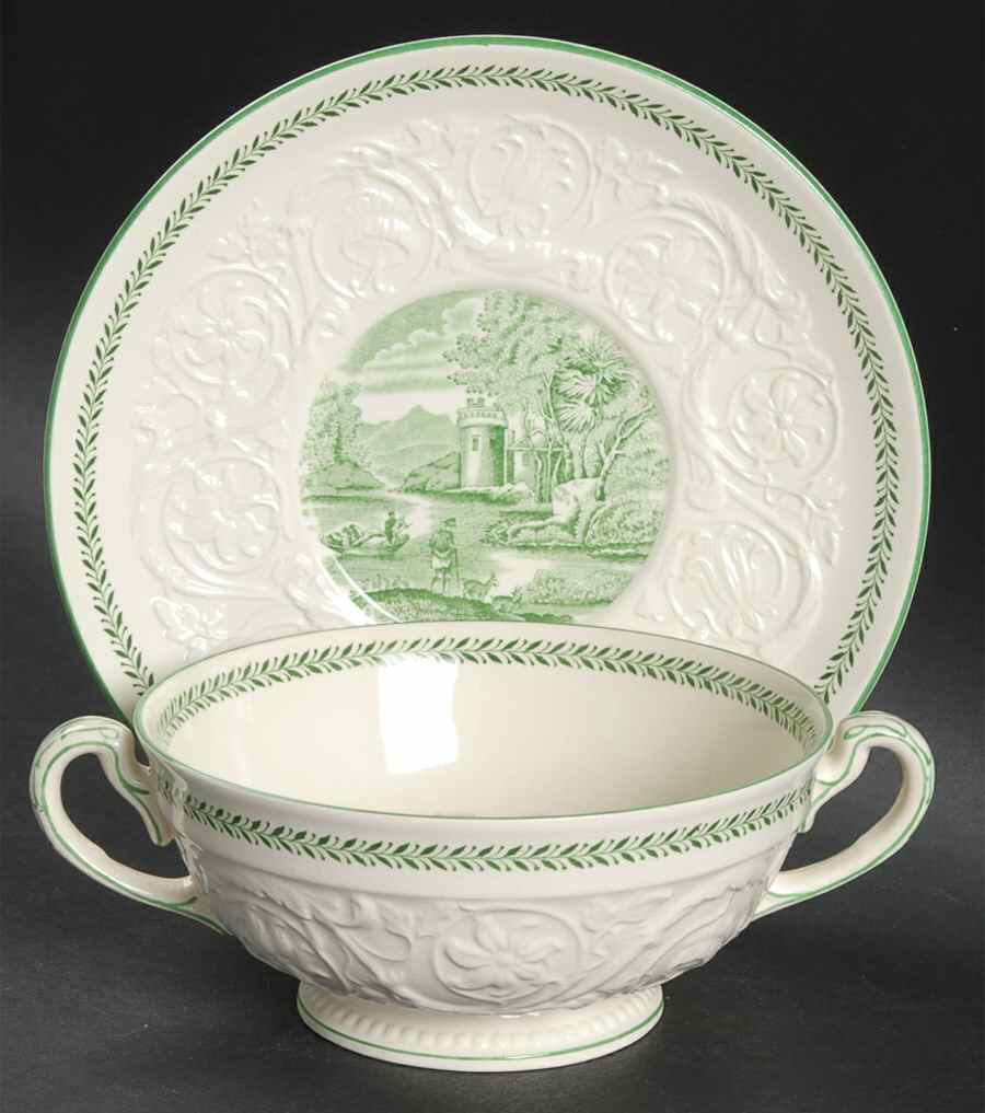 Torbay Green Footed Cream Soup Bowl & Saucer Set by Wedgwood-1
