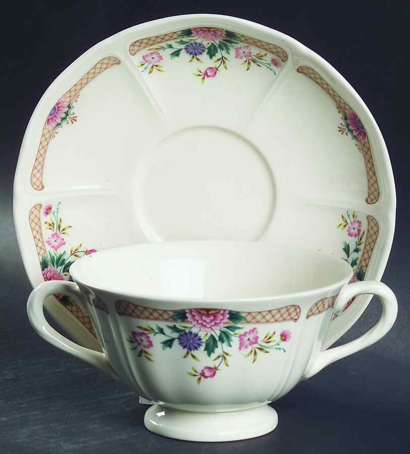 Trellis Flower Footed Cream Soup Bowl & Saucer Set by Wedgwood-1