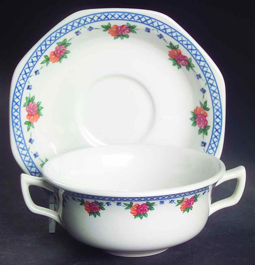 Trellis Rose Flat Cream Soup Bowl & Saucer Set by Wedgwood-1