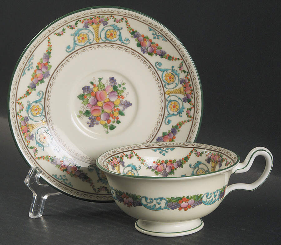 Ventnor (Ivory Background) Peony Shape Footed Cup & Saucer Set by Wedgwood-1