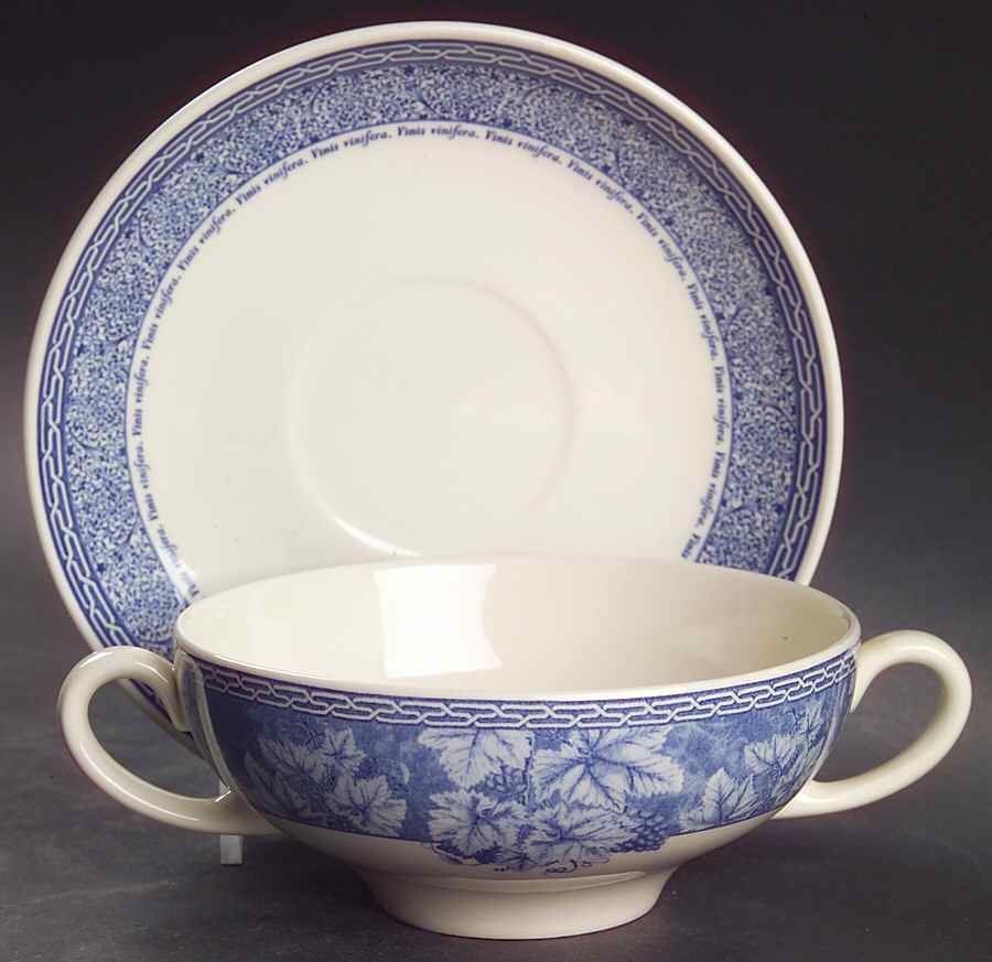 Vintage Blue Flat Cream Soup Bowl & Breakfast Saucer Set by Wedgwood-1
