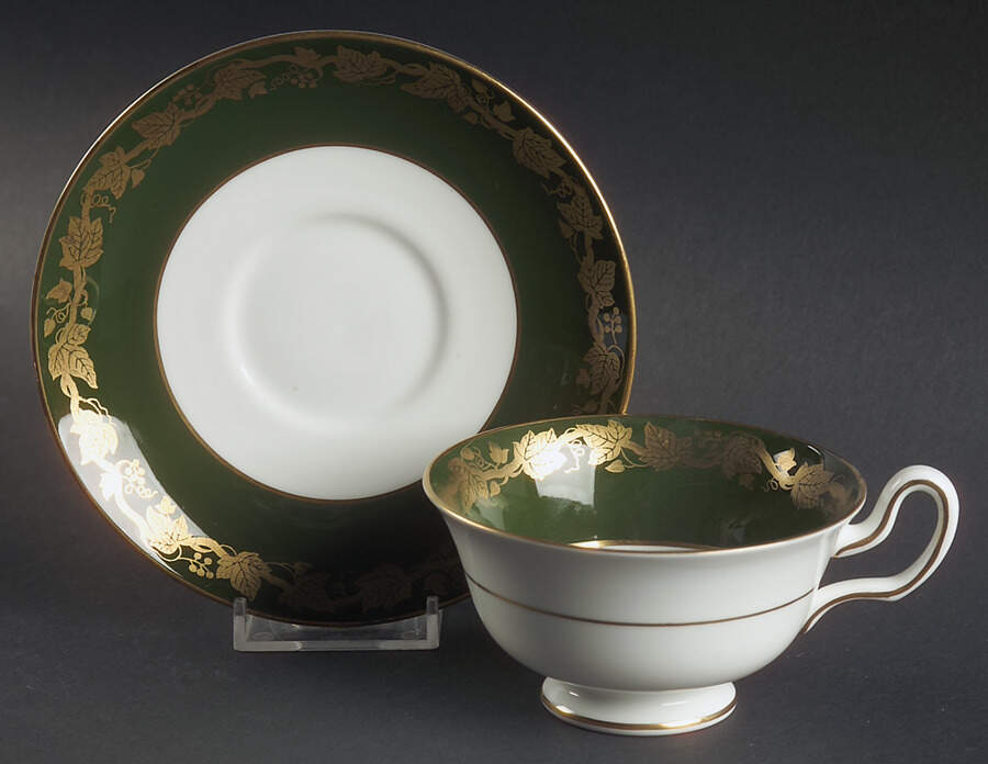 Whitehall (Arris Green Rim) Peony Shape Footed Cup & Saucer Set by Wedgwood-1