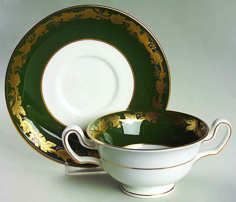 Whitehall (Arris Green Rim) Footed Cream Soup Bowl & Saucer Set by Wedgwood-1