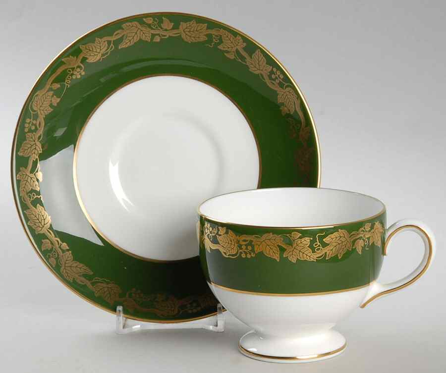 Whitehall (Arris Green Rim) Leigh Shape Footed Cup & Saucer Set by Wedgwood-1