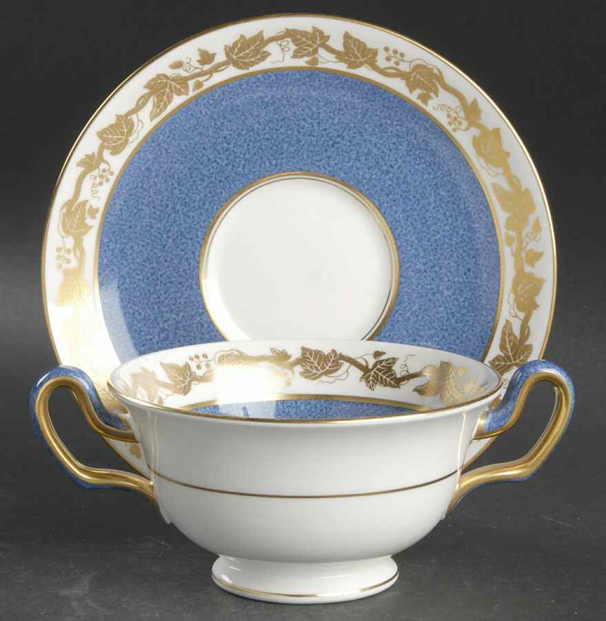 Whitehall (Powder Blue Band) Footed Cream Soup Bowl & Saucer Set by Wedgwood-1