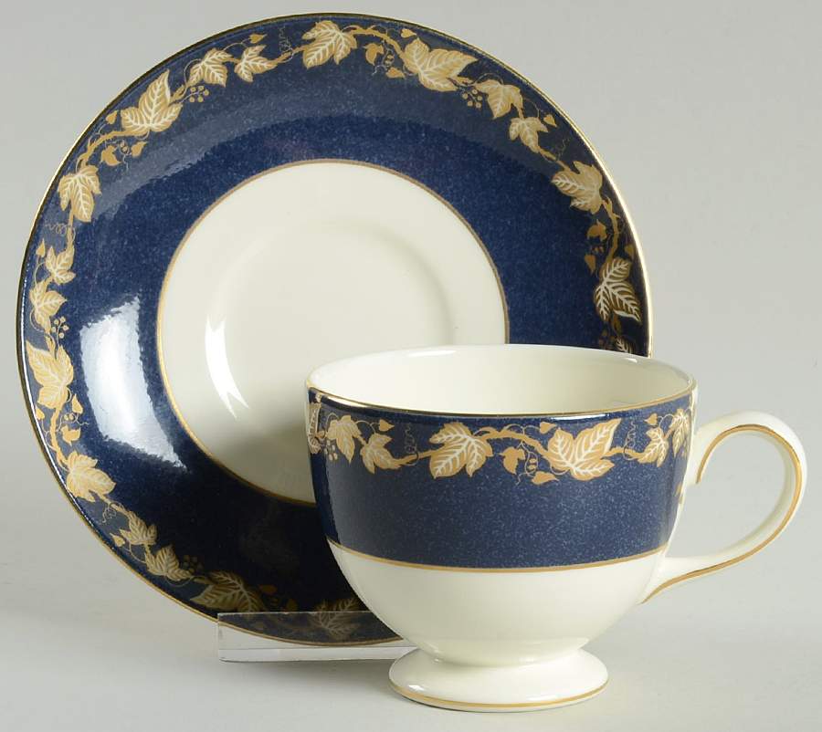 Whitehall (Mazerine Blue Rim) Leigh Shape Footed Cup & Saucer Set by Wedgwood-1