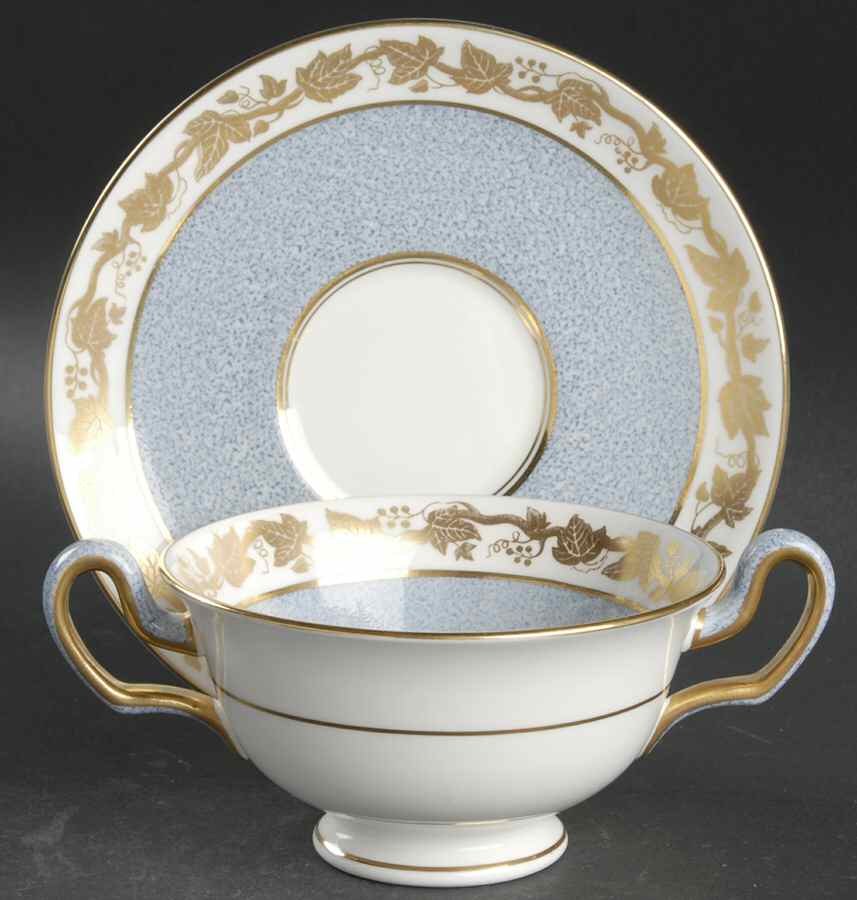 Whitehall (Powder Gray Band) Footed Cream Soup Bowl & Saucer Set by Wedgwood-1