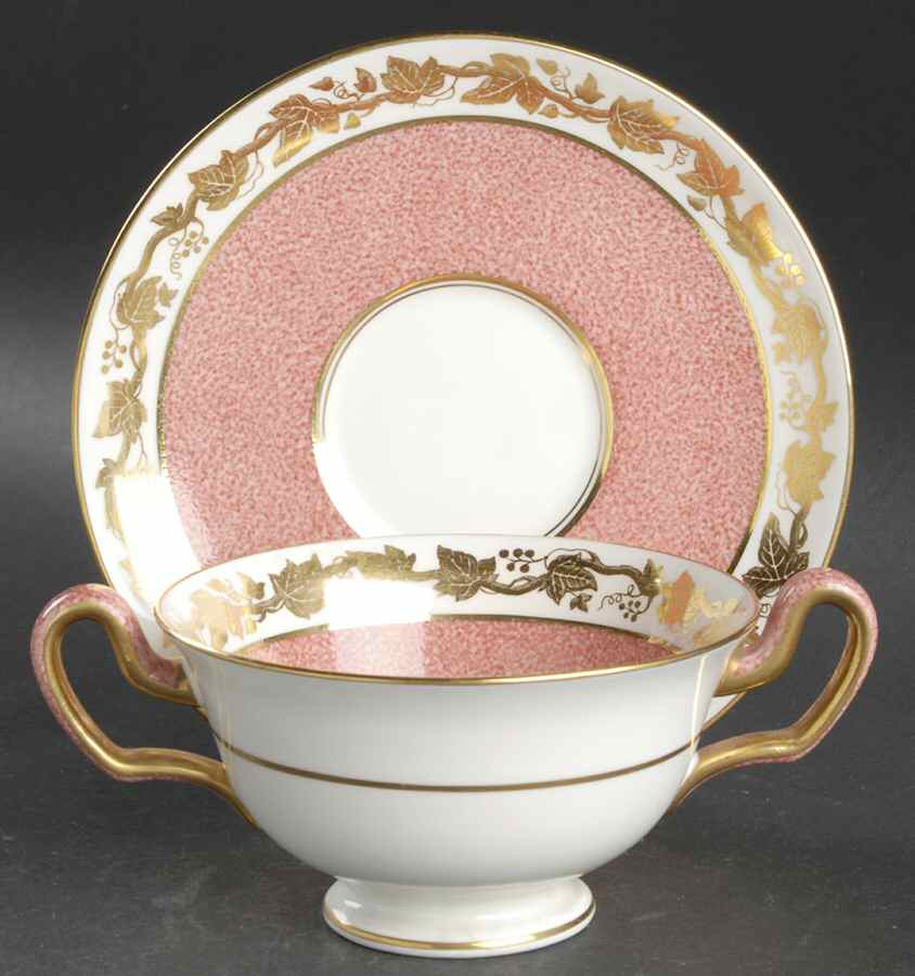 Whitehall (Powder Pink Band) Footed Cream Soup Bowl & Saucer Set by Wedgwood-1