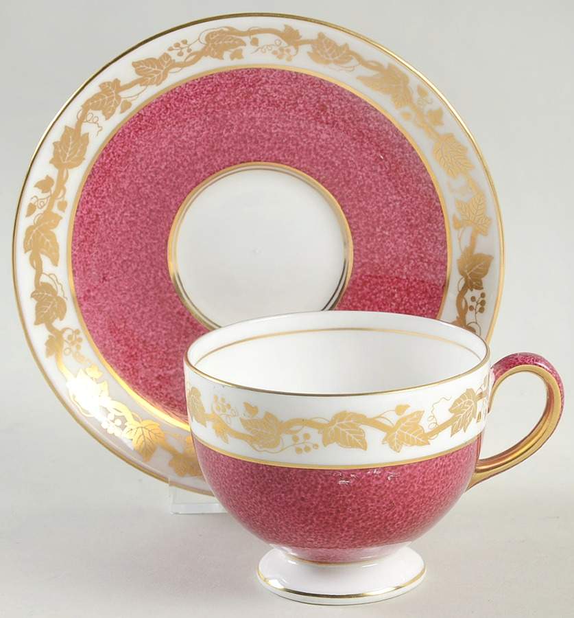 Whitehall (Powder Ruby Band) Leigh Shape Footed Cup & Saucer Set by Wedgwood-1