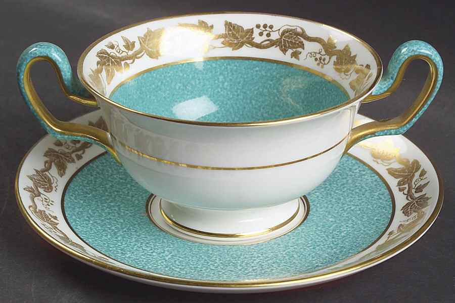 Whitehall (Powder Turquoise Band) Footed Cream Soup Bowl & Saucer Set by Wedgwood-1