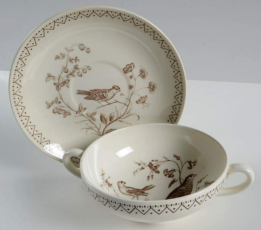 Williamsburg Aviary Flat Cream Soup Bowl & Saucer Set by Wedgwood-1