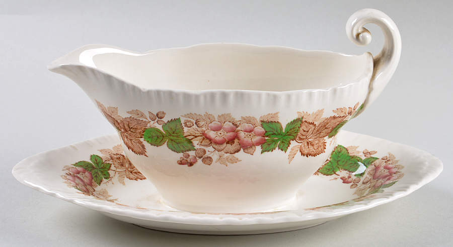 Wildbriar Brown Pink Gravy Boat with Attached Underplate by Wedgwood-1