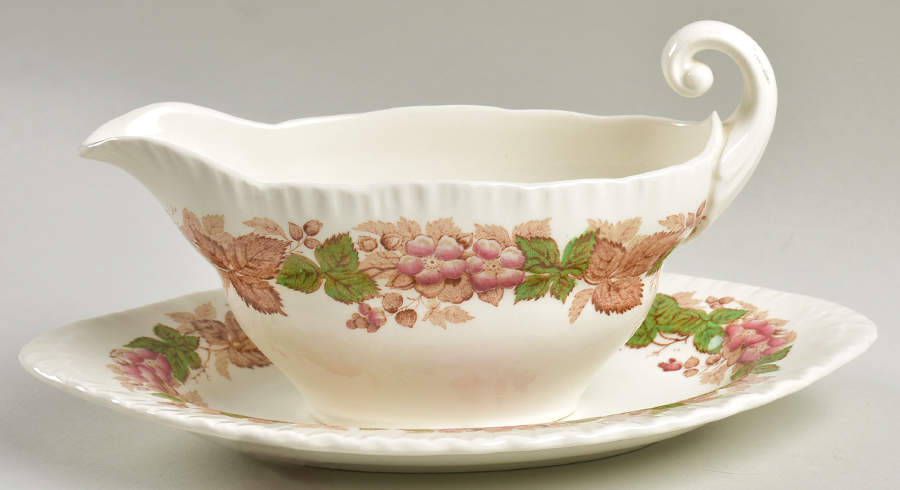 Wildbriar Brown Pink Gravy Boat & Underplate by Wedgwood-1
