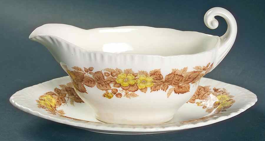 Wildbriar Brown Yellow Gravy Boat & Underplate by Wedgwood-1