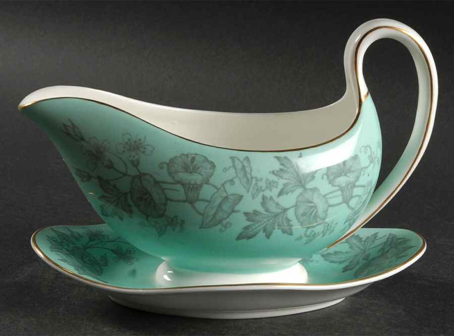Wildflower Green Gravy Boat with Attached Underplate by Wedgwood-1