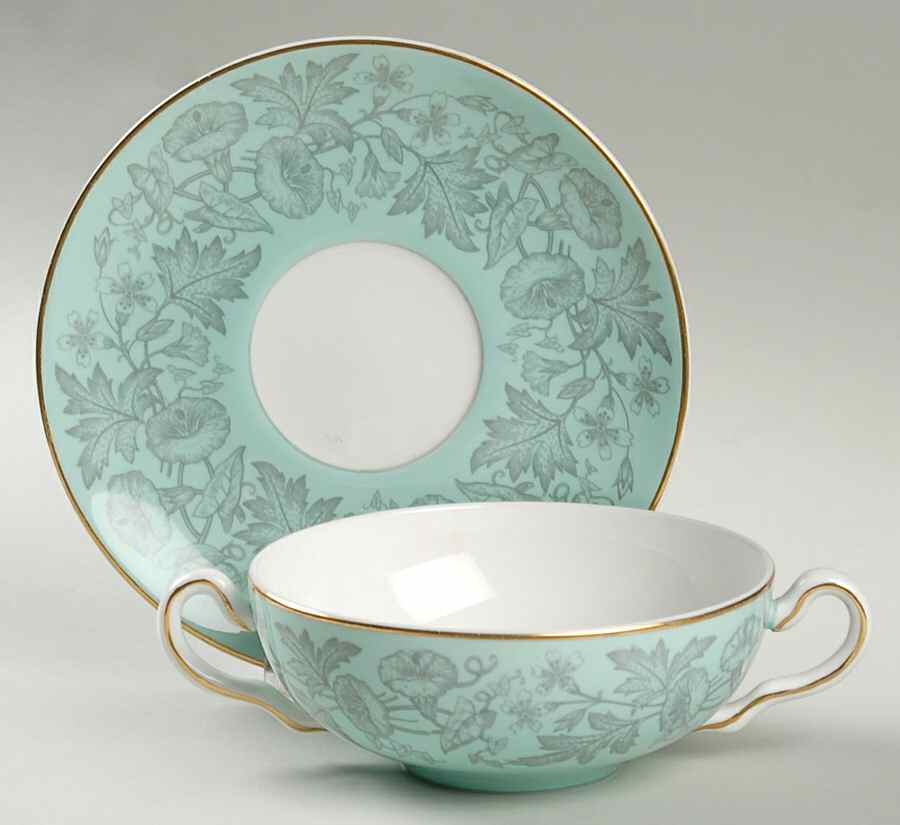 Wildflower Green Flat Cream Soup Bowl & Saucer Set by Wedgwood-1