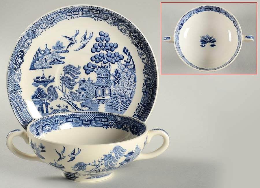 Willow Blue (Newer, Smooth) Flat Cream Soup Bowl & Saucer Set by Wedgwood-1