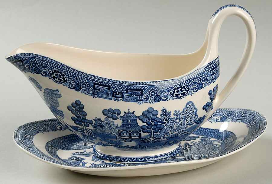 Willow Blue (Newer, Smooth) Gravy Boat & Underplate/Relish by Wedgwood-1