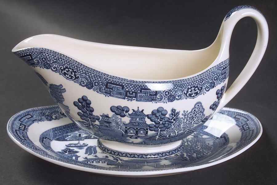 Willow Blue (Newer, Smooth) Gravy Boat & Underplate/Pickle by Wedgwood-1
