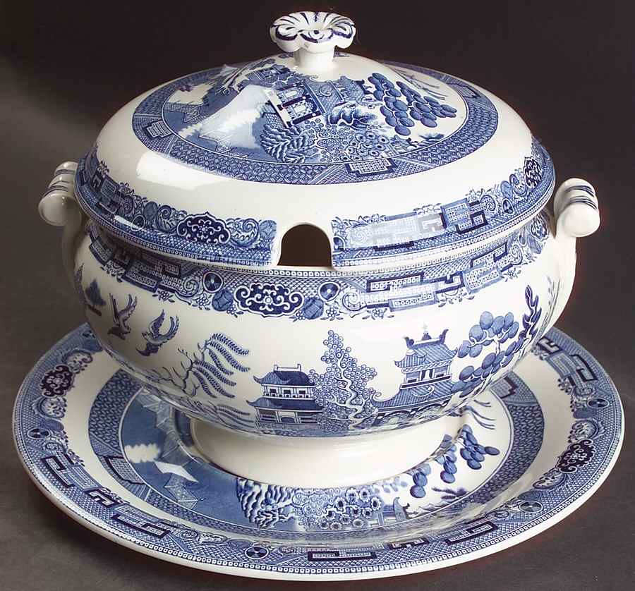 Willow Blue (Newer, Smooth) Tureen & Lid w/Underplate by Wedgwood-1
