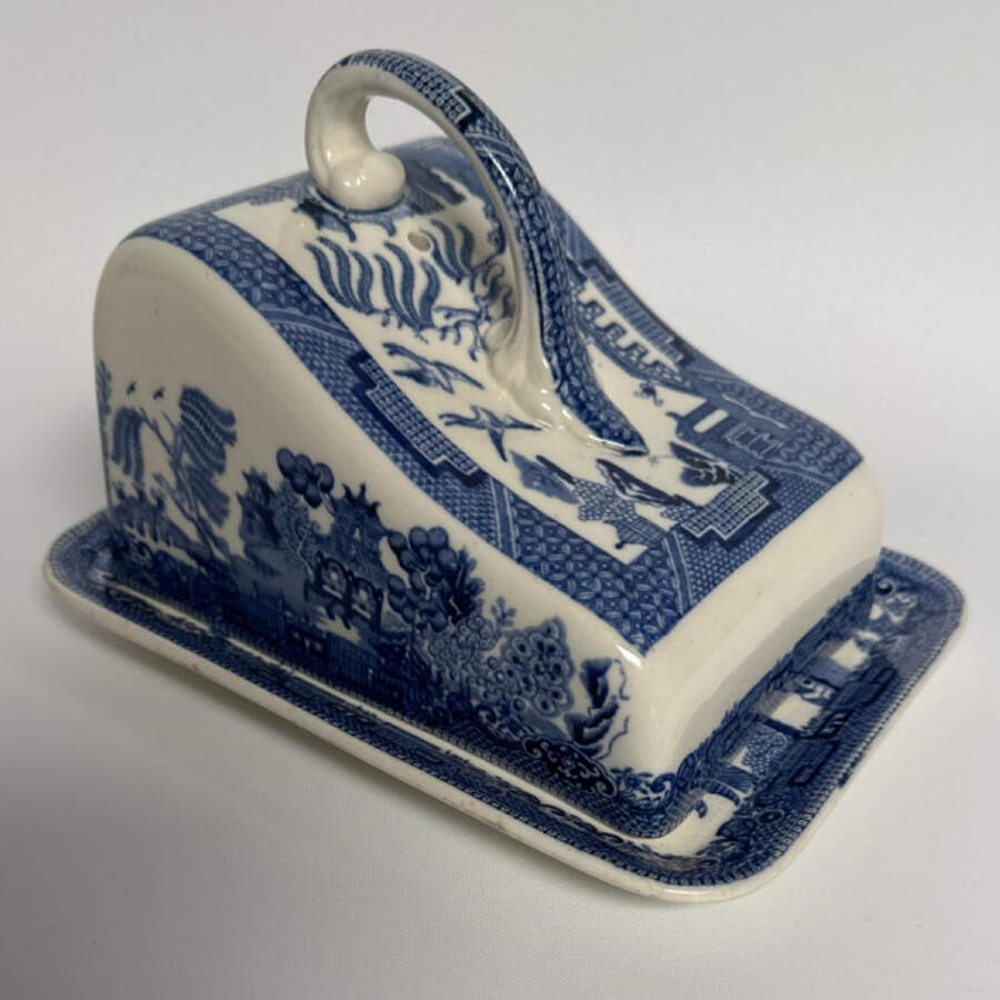 Willow Blue (Older, Smooth) Cheese Dish with Lid (Wedge) by Wedgwood-1