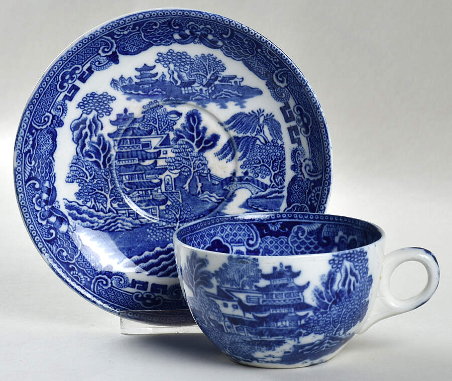 Willow Blue (Older, Smooth) Flat Cup & Saucer Set by Wedgwood-1