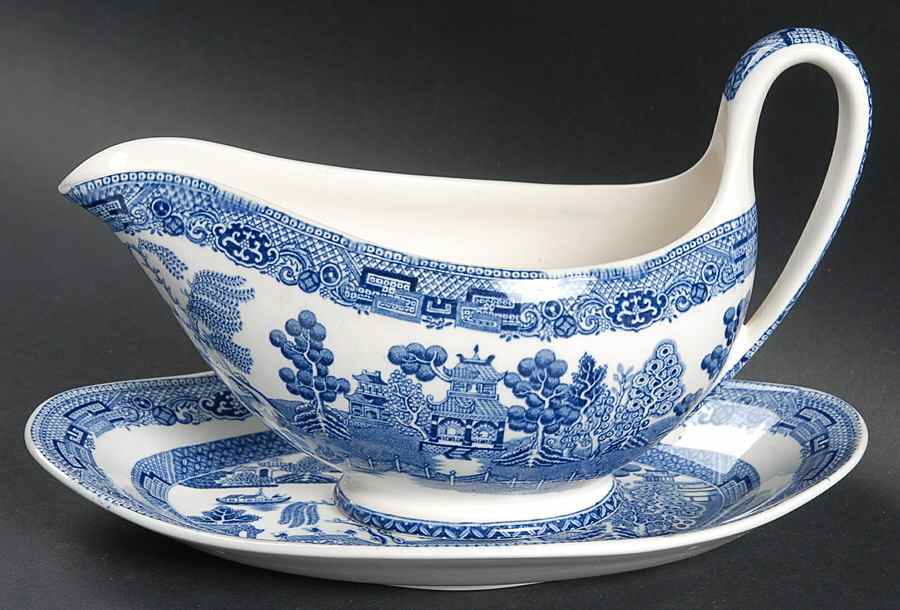 Willow Blue (Older, Smooth) Gravy Boat & Underplate by Wedgwood-1