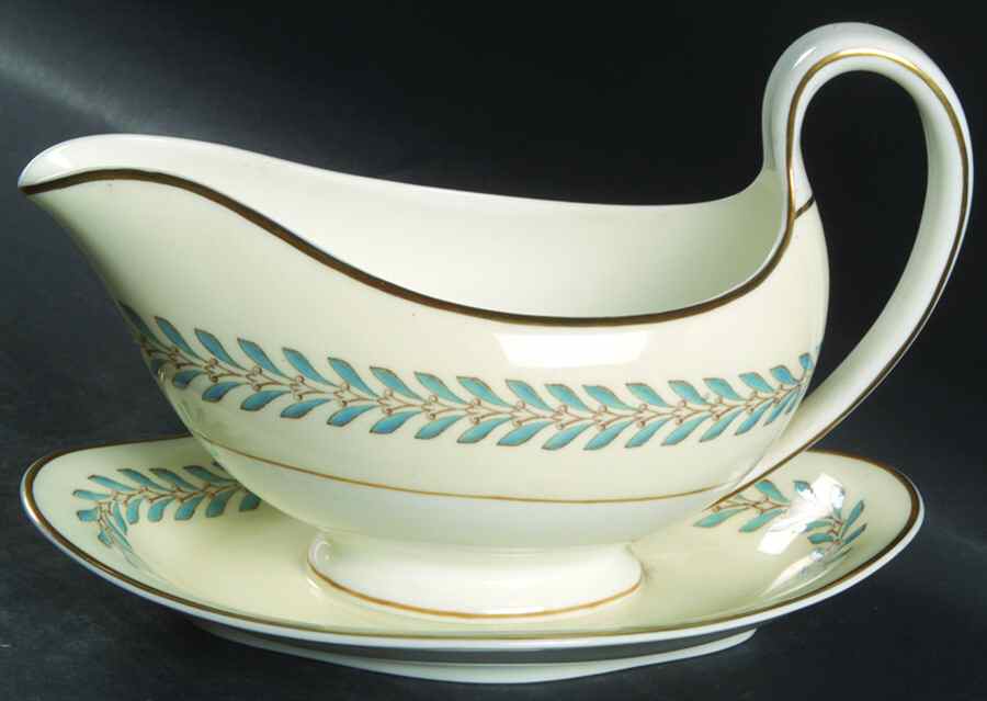 Woodstock (Gold Trim) Gravy Boat with Attached Underplate by Wedgwood-1