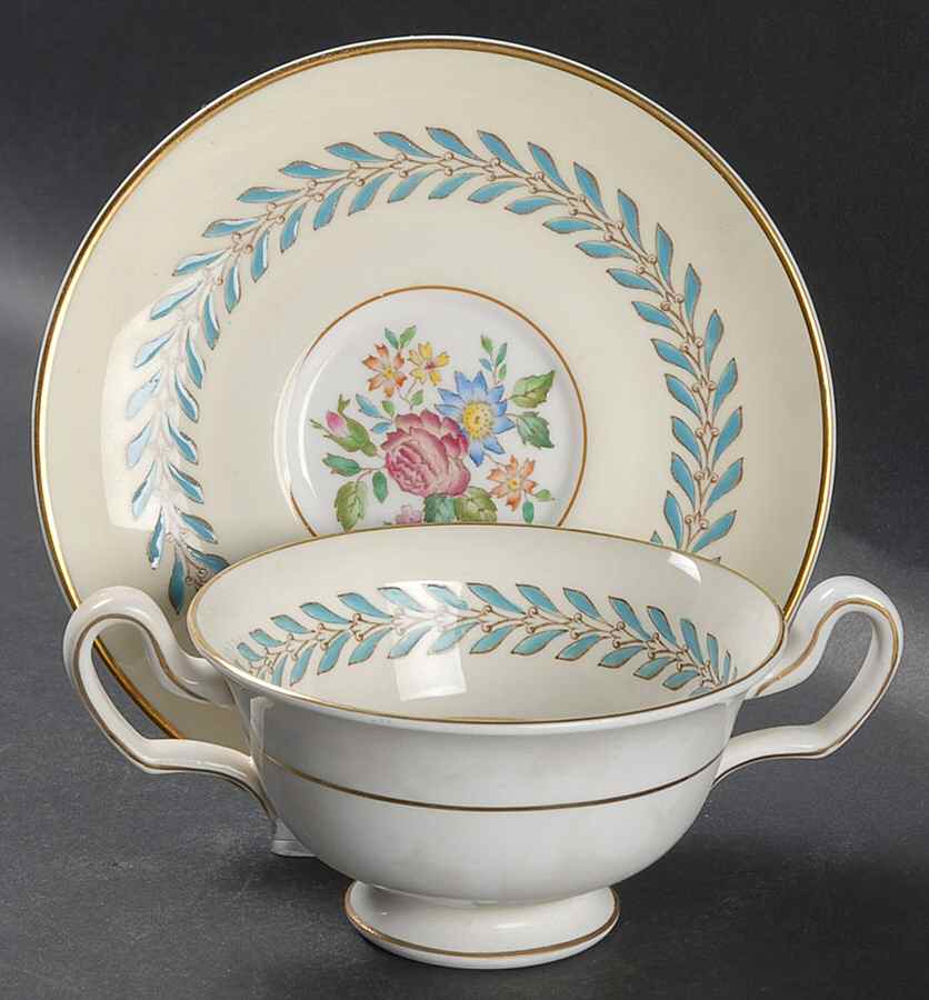 Woodstock (Gold Trim) Footed Cream Soup Bowl & Saucer Set by Wedgwood-1