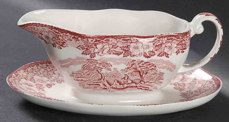 Woodland Pink (Unicorn Backstamp) Gravy Boat with Attached Underplate by Wedgwood-1