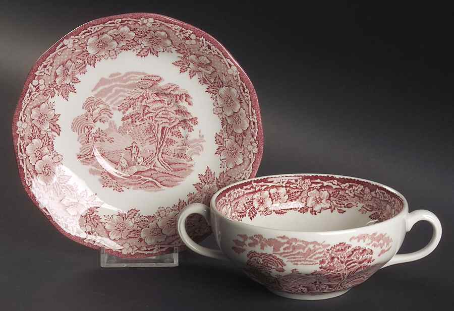 Woodland Pink (Unicorn Backstamp) Flat Cream Soup Bowl & Saucer Set by Wedgwood-1