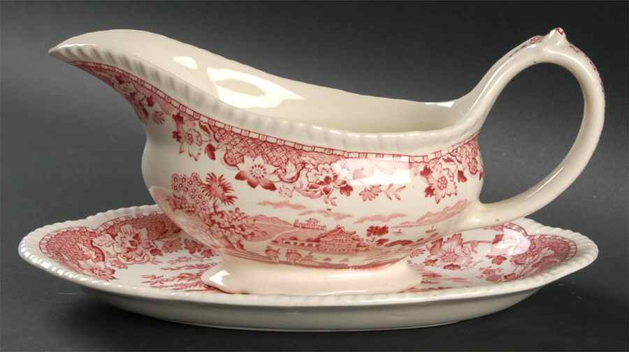 Seaforth Pink (Rope Edge, Scallop) Gravy Boat & Underplate by Wood & Sons-1