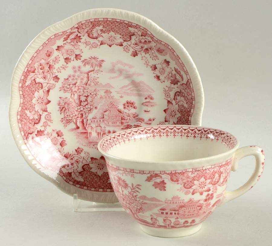 Seaforth Pink (Rope Edge, Scallop) Flat Cup & Saucer Set by Wood & Sons-1