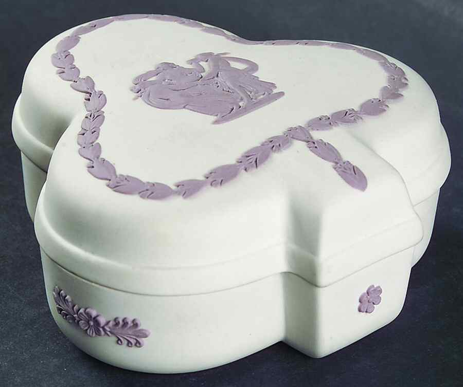 Lilac on Cream Color Jasperware Large Club Shaped Box & Lid by Wedgwood-1