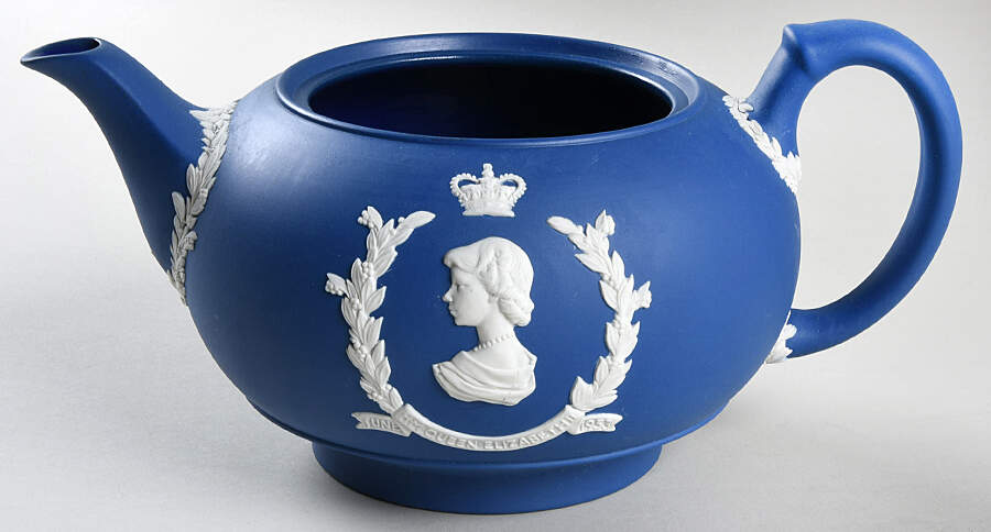 Queen Elizabeth on Royal Blue Jasperware Teapot No Lid by Wedgwood-1