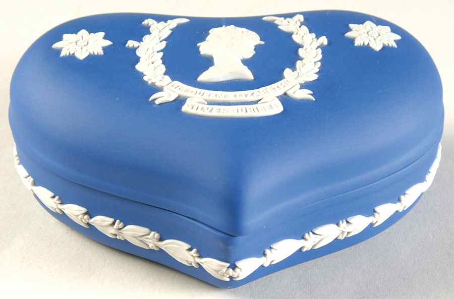Queen Elizabeth on Royal Blue Jasperware Heart Shape Box & Lid by Wedgwood-1