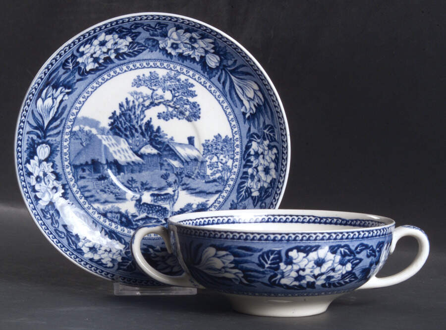 Fallow Deer Blue (No Trim) Flat Cream Soup Bowl & Saucer Set by Wedgwood-1
