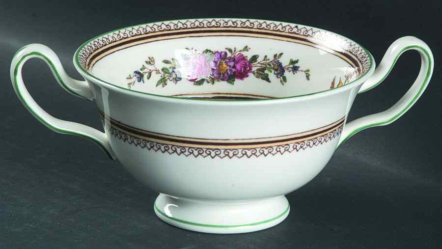 Columbia White (No Medallion, Green Trim) Footed Cream Soup Bowl by Wedgwood-1